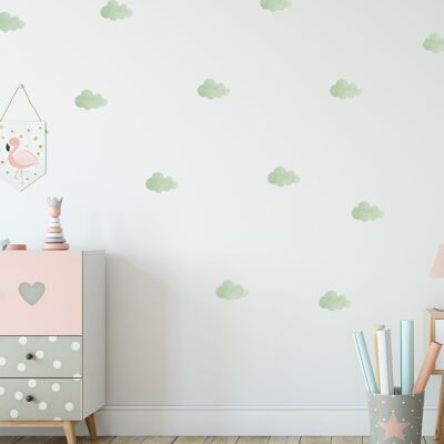 Sticker mural en tissu nuages verts, aquarelle numérique, déco chambre d'enfant