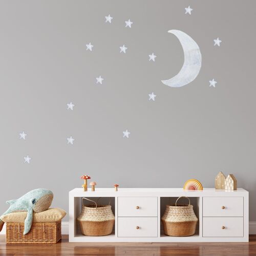 Moon and stars 2 sheets of A3, fabric wall sticker, hand painted watercolour, nursery décor