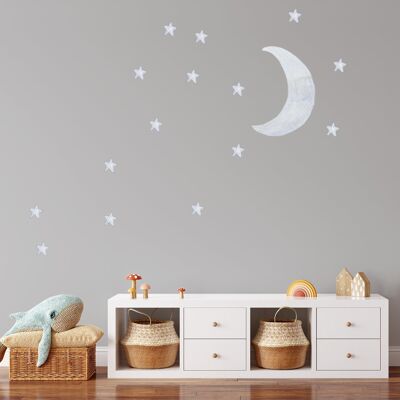 Luna e stelle 2 fogli A3, adesivo da parete in tessuto, acquerello dipinto a mano, decorazioni per la cameretta