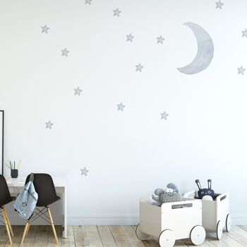 Lune et étoiles 2 feuilles A3, sticker mural en tissu, aquarelle peinte à la main, décor de pépinière 2