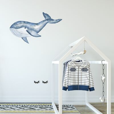 Sticker mural en tissu baleine, aquarelle peinte à la main, déco chambre d'enfant