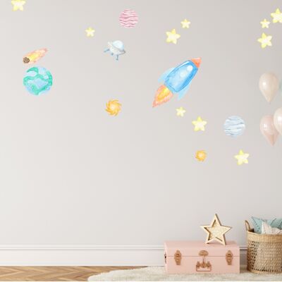 Space set fabric wall sticker, hand painted watercolour, nursery décor