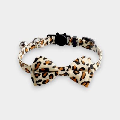 Collar de gato de lujo con pajarita - Estampado de leopardo beige