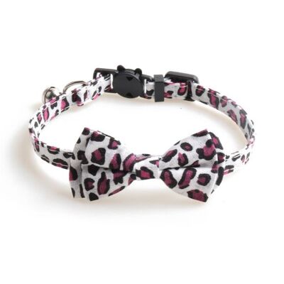 Collier pour chat de luxe avec nœud papillon - Blanc avec imprimé léopard rose