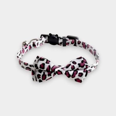 Collare per gatti di lusso con papillon - bianco con stampa leopardata rosa
