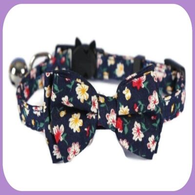 Luxury Cat Collar with Bow Tie - Navy Blue Floral