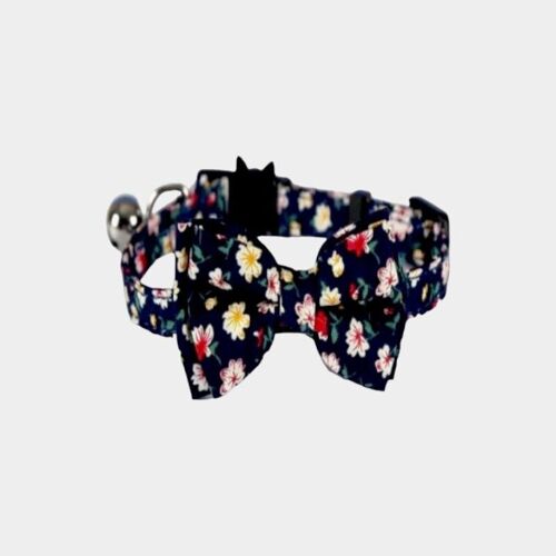 Luxury Cat Collar with Bow Tie - Navy Blue Floral