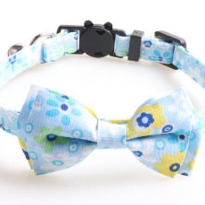 Luxury Cat Collar - Light Blue Floral with Bow Tie