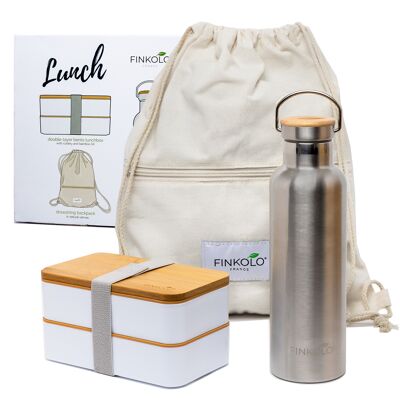 **NOUVEAU** Ensemble Lunch - Boîte Bento Blanc + Bouteille Inox 750ml Avec 2 Bouchons + Sac de Cordon En Toile Naturel