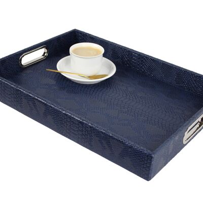 Rectangular tray with stainless steel handles faux leather reptile dark blue