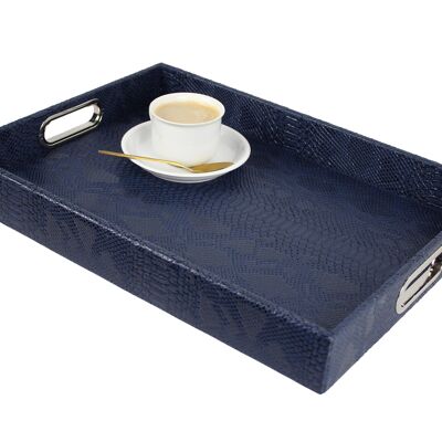 Rectangular tray with stainless steel handles faux leather reptile dark blue