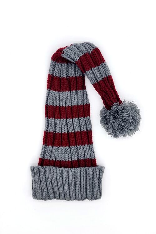 Coarse Knitted Santa Hat Grey and Deep Red Stripes