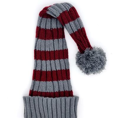 Coarse Knitted Santa Hat Grey and Deep Red Stripes