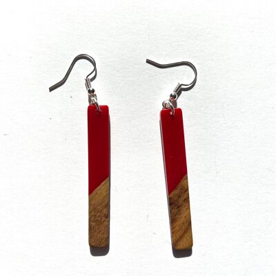 Red and wood oblong edge earrings