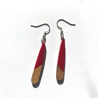 Red and wood long tear edge earrings