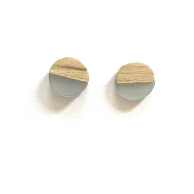 Grey clear resin and wood edge stud earrings