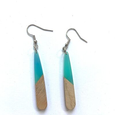 Turquoise and wood long tear edge earrings