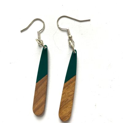 Green and wood long tear edge earrings