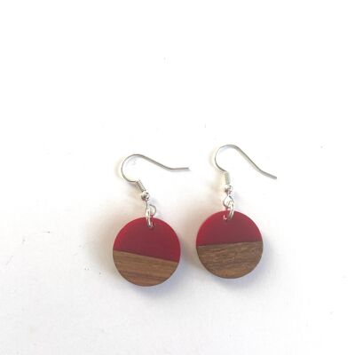 Red resin and wood small round edge earrings