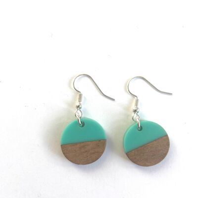 Turquoise resin and wood small round edge earrings