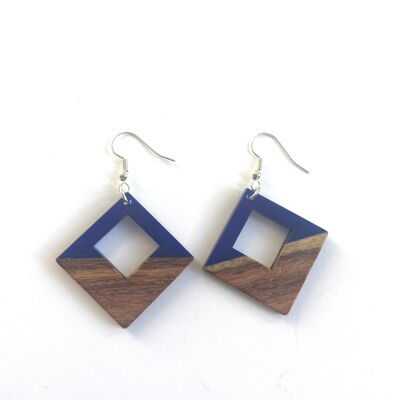 Blue resin and wood diamond shaped edge earrings