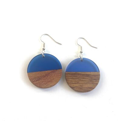 Blue resin and wood round edge earrings