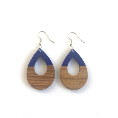 Blue resin and wood tear shaped edge earrings