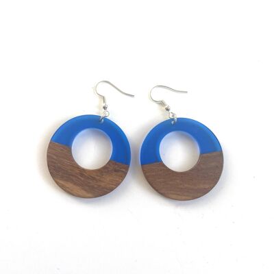 Blue resin and wood medium circle edge earrings