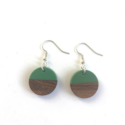 Green resin and wood small round edge earrings