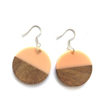 Peach resin and wood round edge earrings