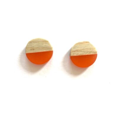Orange resin and wood edge stud earrings