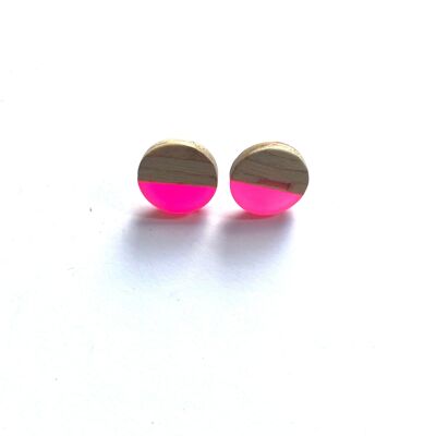 Neon pink resin and wood edge stud earrings