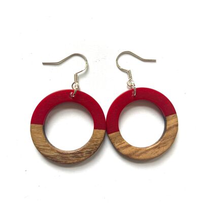 Red and wood circle edge earrings