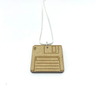 Wood floppy disc necklace