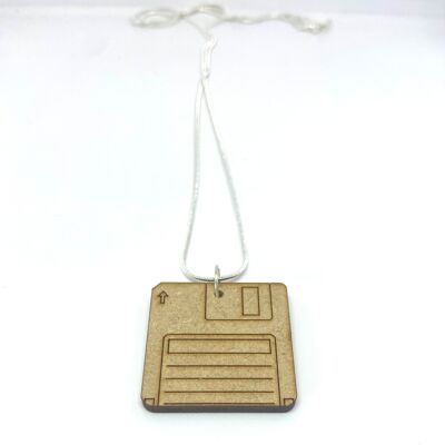 Wood floppy disc necklace