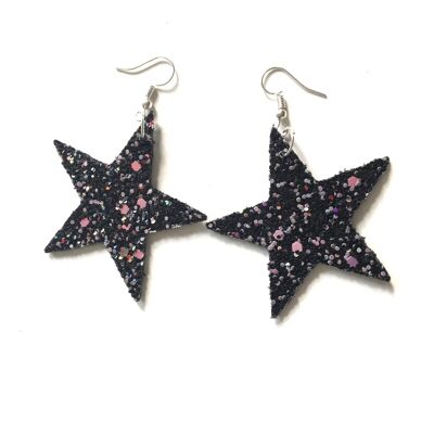 Pink and black glittery star shaped earrings