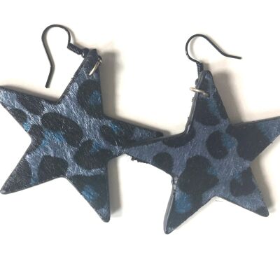 Blue and black animal print star earrings