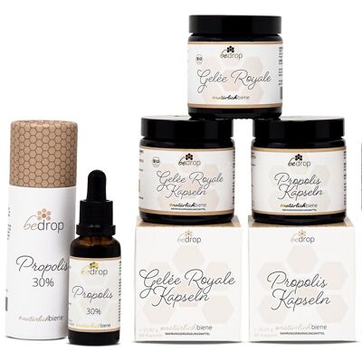 The all-rounder set | Propolis capsules & 20% tincture + Royal jelly capsules & pure/fresh + Manuka honey