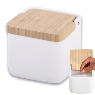 Saliera da cucina con coperchio apribile in legno di bambù. Ideale per l'uso come saliera e zuccheriera o porta spezie
