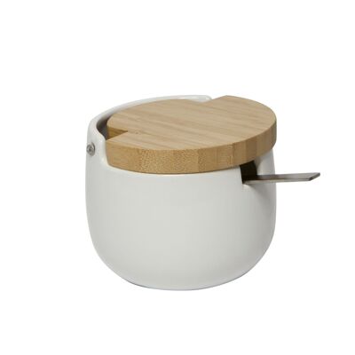 Ceramic sugar bowl with bamboo lid and stainless steel spoon BALL – white