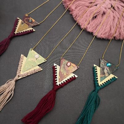 Okinawa long necklaces in gilded steel, crystal and Japanese paper