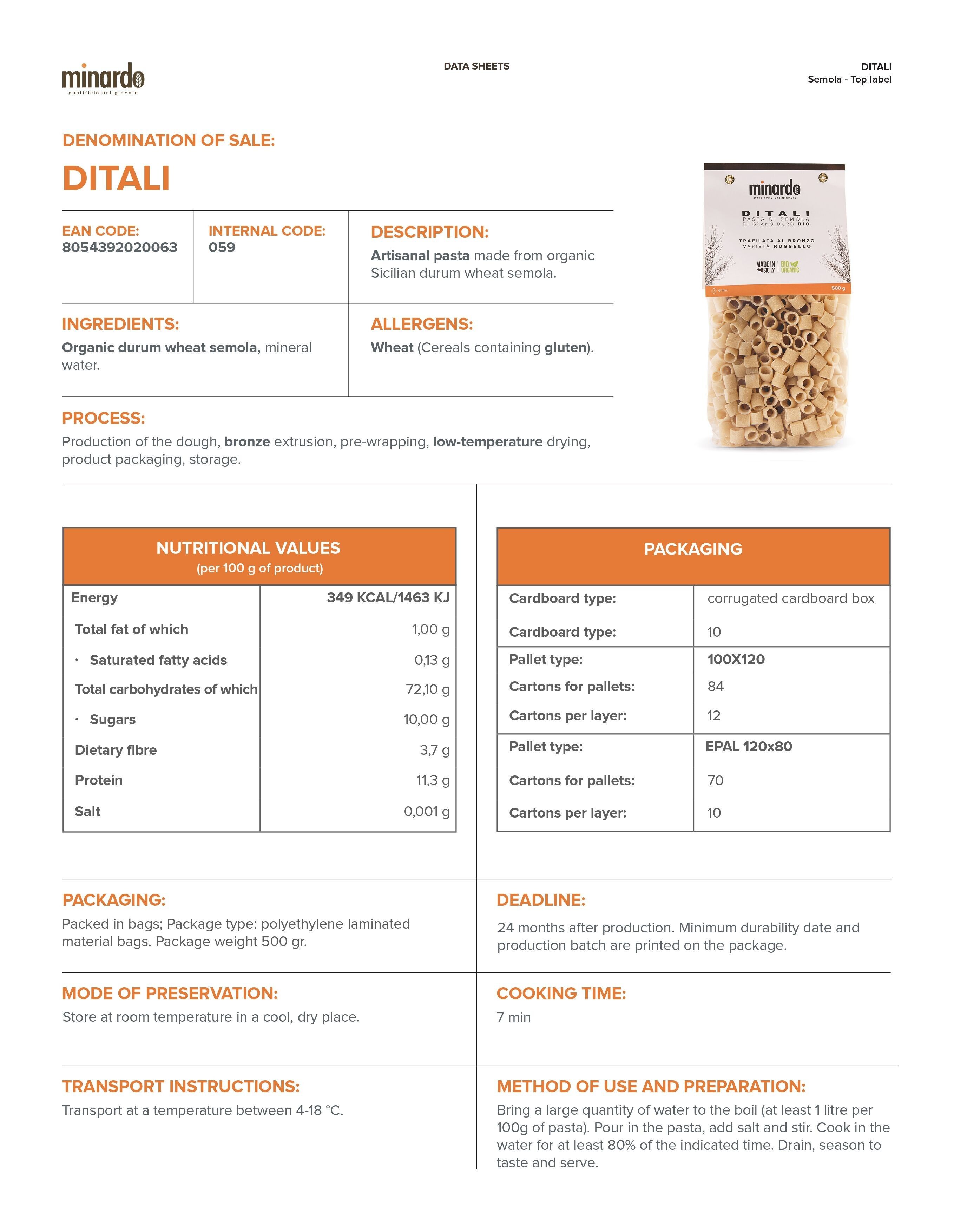 Ditali - Pasta di semola di Grano duro Bio - 500 gr