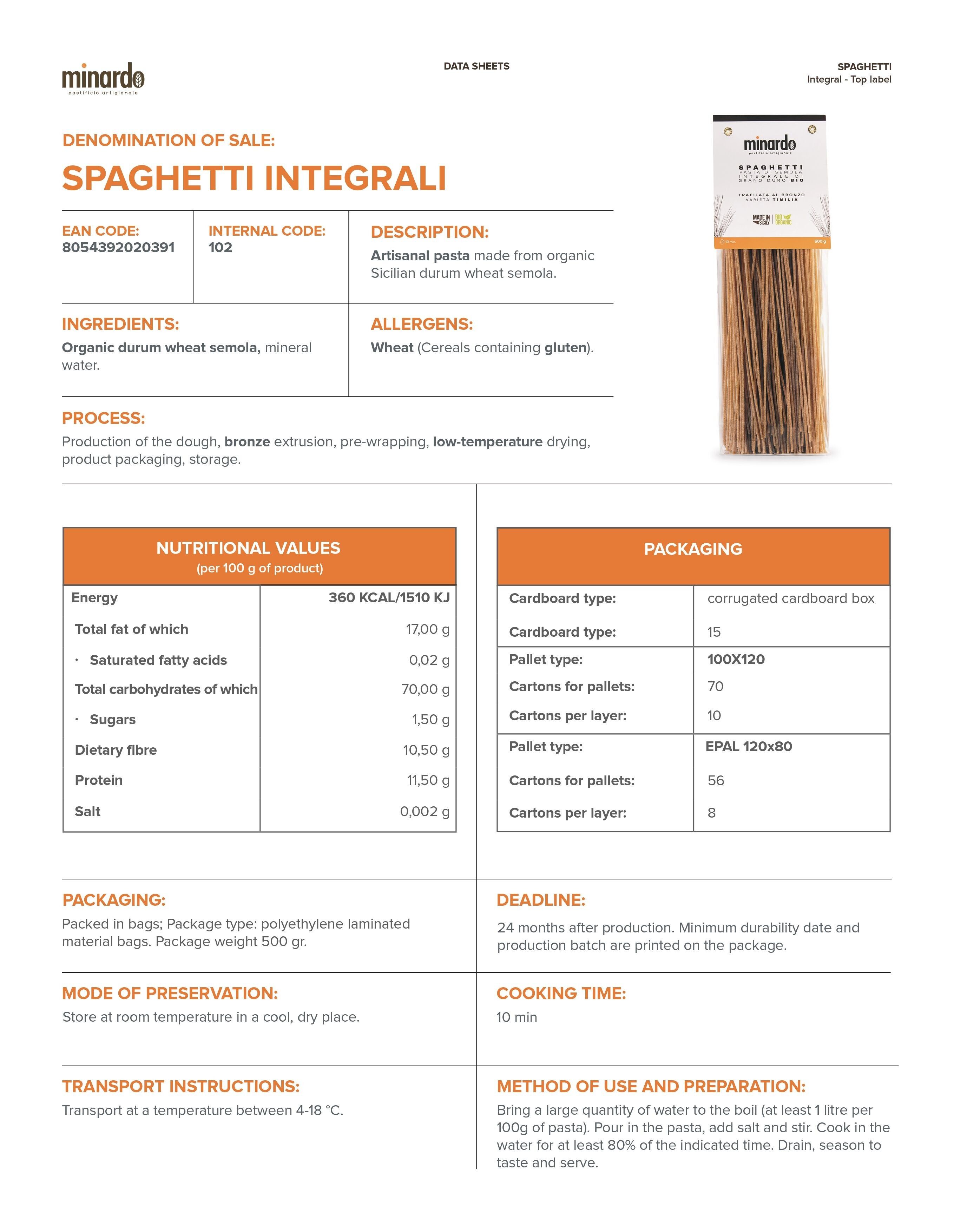 Spaghetti integrali - Pasta di Grano duro Bio - 500 gr