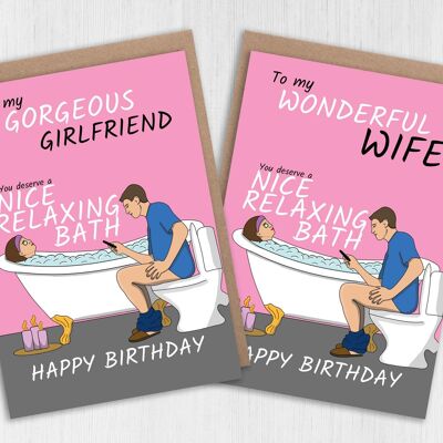 Tarjeta de cumpleaños divertida para esposa o novia: Te mereces un buen baño relajante