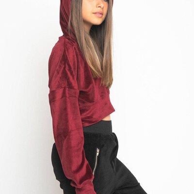 Girls Burgundy Velour Crystal Cropped Hoodie