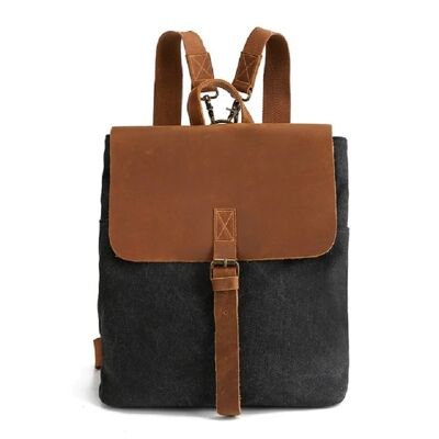 LANDEN - Mochila vintage de lona y cuero para Mujer - Negro