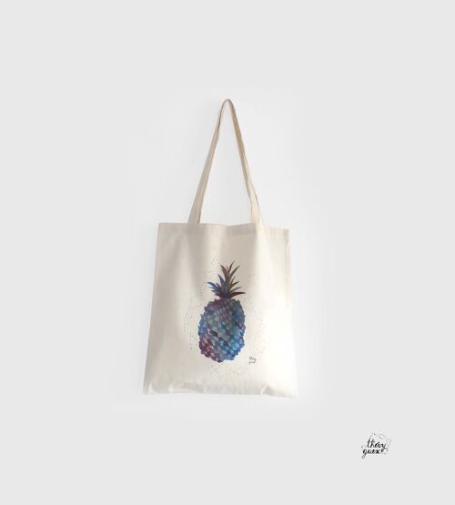 Tote bag sac épaule unisexe ananas bleu graphique aquarelle en coton bio