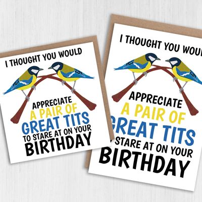 Funny, rude birthday card: Great pair of tits to stare at