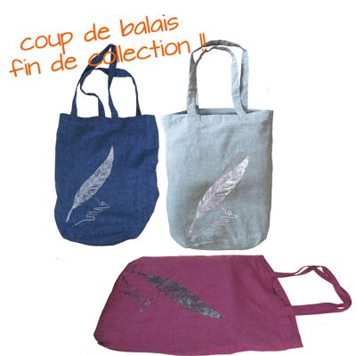 Borsa shopping in cotone fantasia piume con paillettes argento