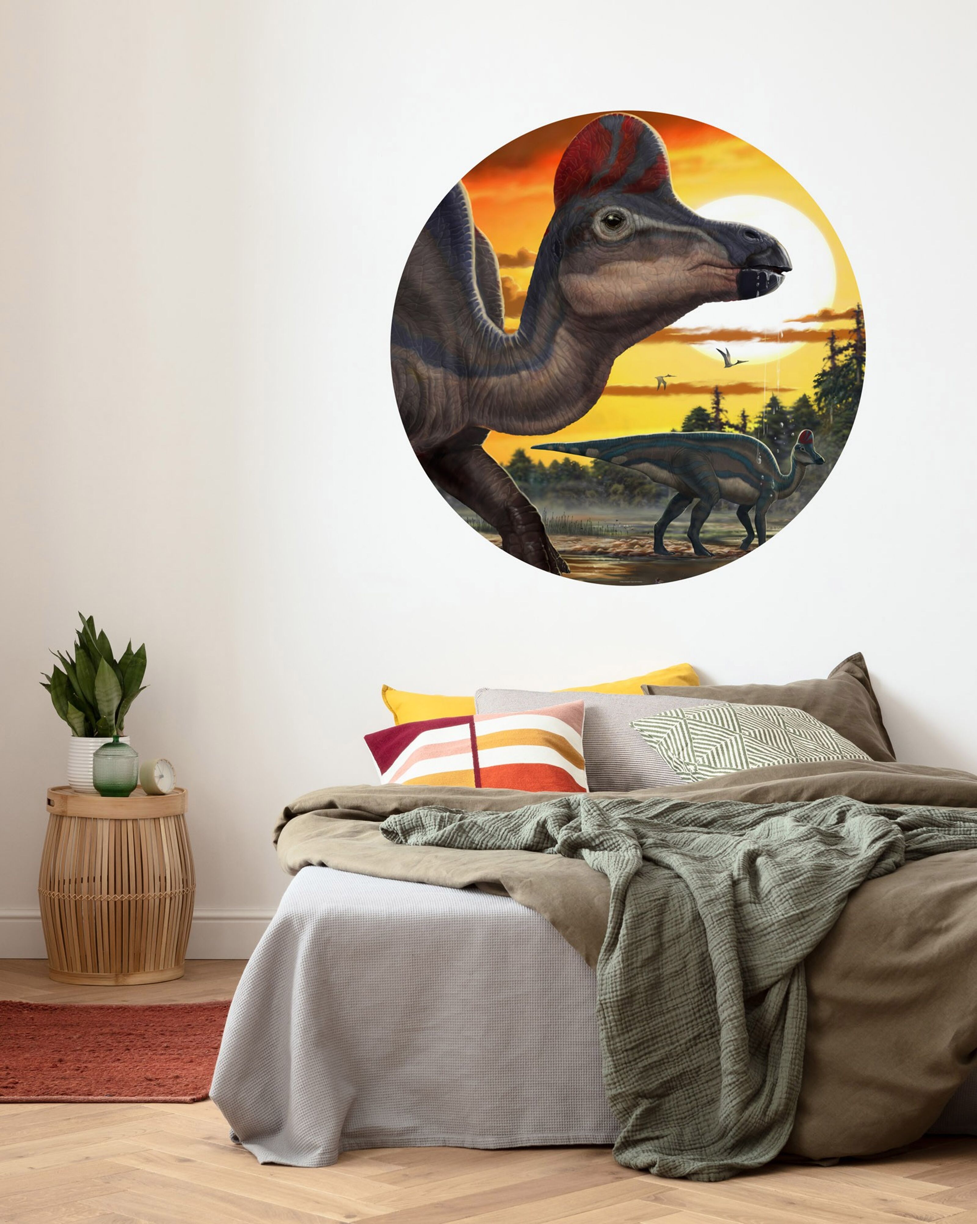 Kaufen Sie Selbstklebende Vlies Fototapete - Corythosaurus Sunset - Größe  128 x 128 cm zu Großhandelspreisen